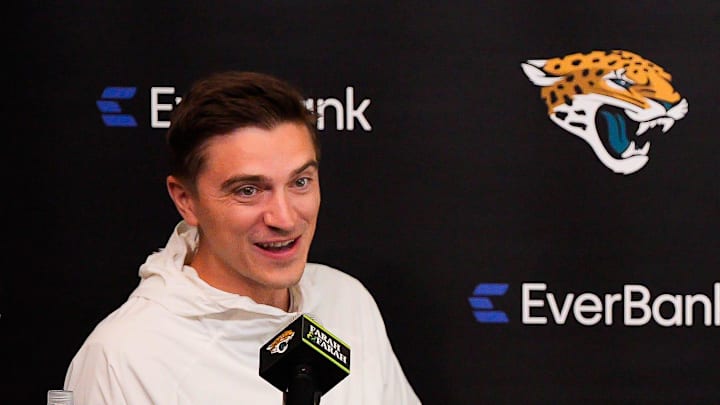 Jaguars General Manager James Gladstone, left and head coach Liam Coen joked when asked how Executive Vice President of Football Operations Tony Boselli effects their draft picks during the Jacksonville Jaguars’ annual pre-draft luncheon press conference in the media room at the Miller Electric Center Thursday April 9, 2026 in Jacksonville, Fla. [Doug Engle/Florida Times-Union]