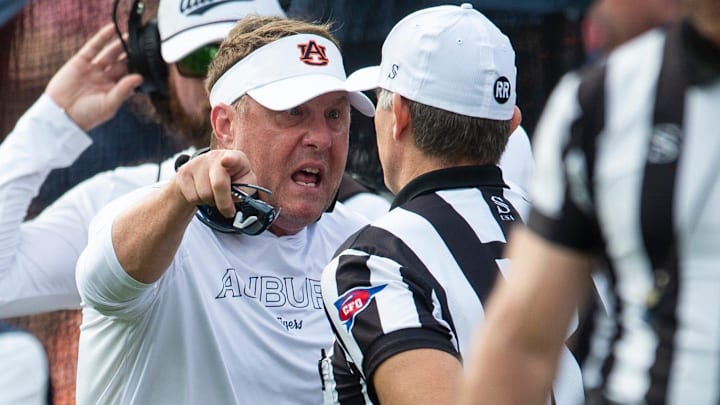 Auburn Tigers head coach Hugh Freeze argues a call with the officials as Auburn Tigers take on Vanderbilt Commodores at Jordan-Hare Stadium in Auburn, Ala., on Saturday, Nov. 2, 2024. Vanderbilt Commodores defeated Auburn Tigers 17-7.