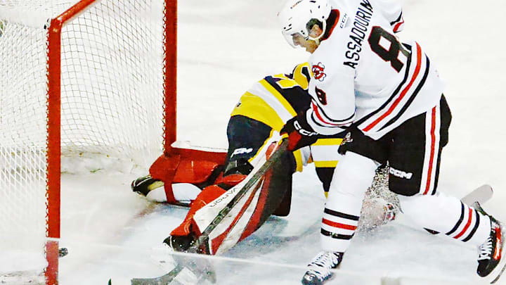 Niagara IceDogs forward Alex Assadourian scores his second goal of the game past Erie Otters goaltender Charlie Burns in the first period of an Ontario Hockey League game at Erie Insurance Arena in Erie on Feb. 14, 2024. Niagara IceDogs forward Alex Assadourian scores his second goal of the game past Erie Otters goaltender Charlie Burns in the first period of an Ontario Hockey League game at Erie Insurance Arena in Erie on Feb. 14, 2024.