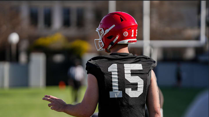 Georgia quarterback Carson Beck (15) during Georgia’s practice session in Athens, Ga., on Tuesday, March 12, 2024. (Tony Walsh/UGAAA) Georgia quarterback Carson Beck (15) during Georgia’s practice session in Athens, Ga., on Tuesday, March 12, 2024. (Tony Walsh/UGAAA)