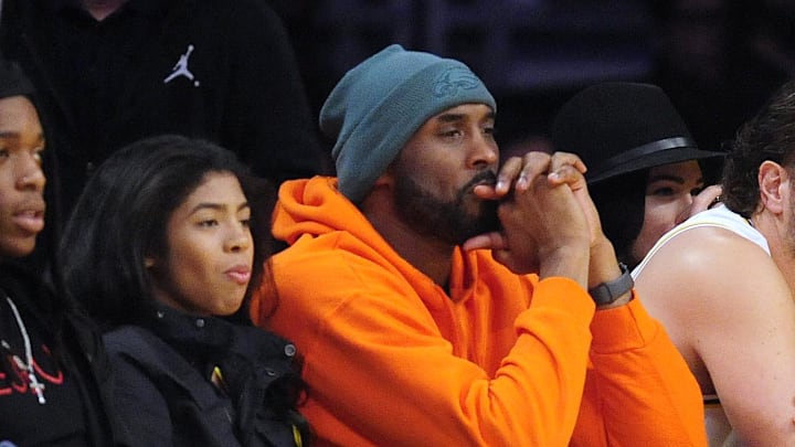 December 29, 2019; Los Angeles, California, USA; Former Los Angeles Lakers player Kobe Bryant with daughter Natalia in attendance as the Lakers play against the Dallas Mavericks during the first half at Staples Center. Mandatory Credit: Gary A. Vasquez-Imagn Images