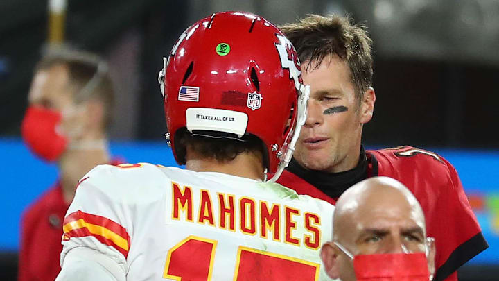 Nov 29, 2020; Tampa, Florida, USA; Kansas City Chiefs quarterback Patrick Mahomes (15) meets with Tampa Bay Buccaneers quarterback Tom Brady (12) following the victory at Raymond James Stadium. Mandatory Credit: Kim Klement-Imagn Images Nov 29, 2020; Tampa, Florida, USA; Kansas City Chiefs quarterback Patrick Mahomes (15) meets with Tampa Bay Buccaneers quarterback Tom Brady (12) following the victory at Raymond James Stadium. Mandatory Credit: Kim Klement-Imagn Images