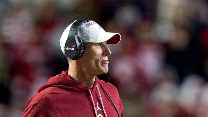 Nov 30, 2024; Baton Rouge, Louisiana, USA;  Oklahoma Sooners head coach Brent Venables reacts to a play against the LSU Tigers during the first quarter at Tiger Stadium. Mandatory Credit: Stephen Lew-Imagn Images