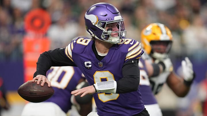 Jan 4, 2026; Minneapolis, Minnesota, USA; Minnesota Vikings quarterback J.J. McCarthy (9) throws a pass against the Green Bay Packers during the second quarter at U.S. Bank Stadium. Mandatory Credit: Matt Blewett-Imagn Images
