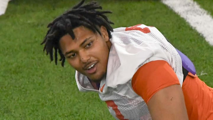 Clemson defensive end T.J. Parker (3) during the first football practice at the Allen N. Reeves Football Complex at Clemson University in Clemson, S.C. Friday, February 28, 2025.