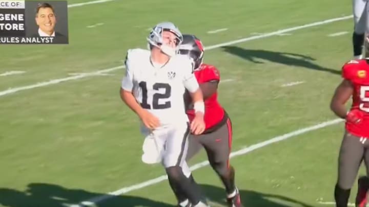 Aiden O’Connell suffered a knee injury on this late hit against the Tampa Bay Buccaneers.