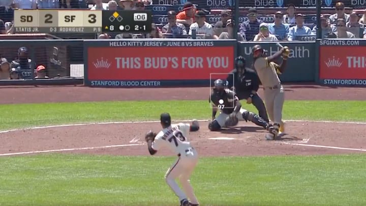 Fernando Tatis Jr. hits a fly out to deep center field against the San Francisco Giants. 