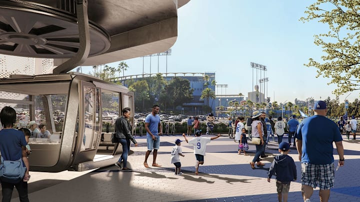 An artist's rendering of the Dodger Stadium gondola station proposed by Frank McCourt. An artist's rendering of the Dodger Stadium gondola station proposed by Frank McCourt.