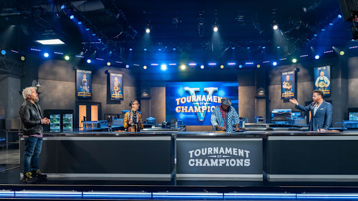 Tournament of Champions Season 5 episode 4, Host Guy Fieri with judges Nancy Silverton, Marcus Samuelsson and Scott Connant