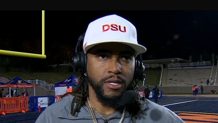 Delaware State head football coach DeSean Jackson speaking with the media after defeating Morgan State, 14-12.