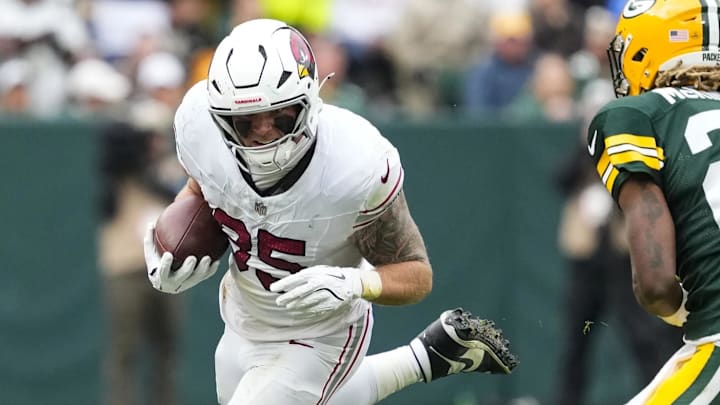 Trey McBride runs upfield against Xavier McKinney during the Packers-Cardinals game in 2024. Trey McBride runs upfield against Xavier McKinney during the Packers-Cardinals game in 2024.