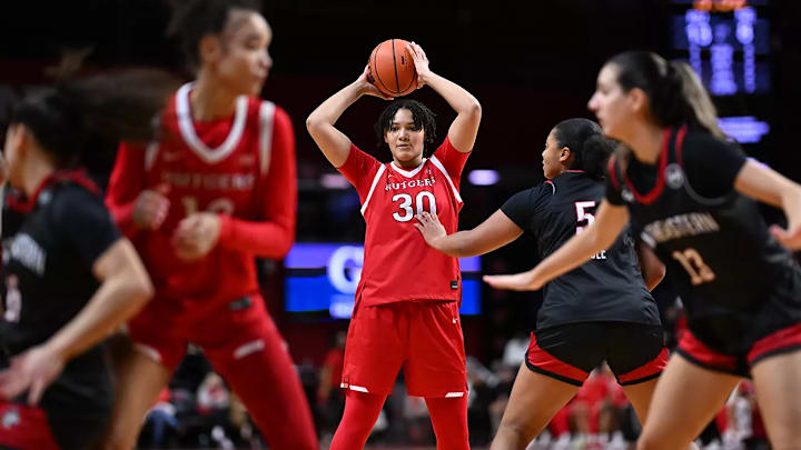 Imani Lester advances the ball in Rutgers non-conference game against Northeastern