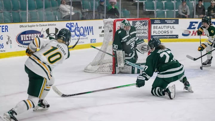 Lara Beecher fires a shot on net for Clarkson against Dartmouth on November 1