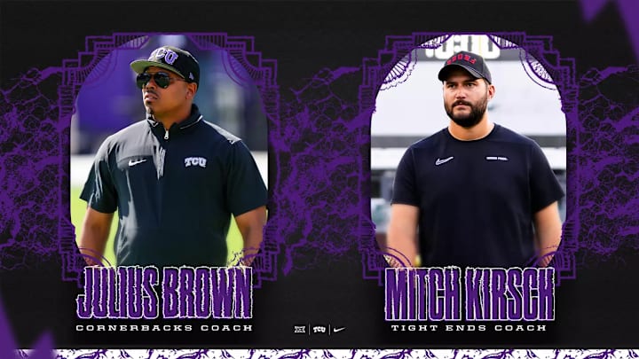 Newly promoted coaches Julius Brown (cornerbacks) and Mitch Kirsch (tight ends). 