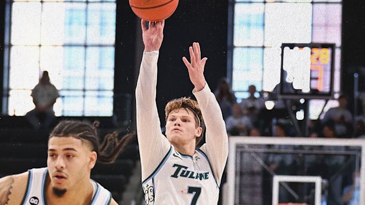Tulane junior guard Rowan Brumbaugh Sinks a three in the Green Wave's victory over Texas State