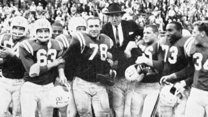 Indiana football coach Phil Dickens is carried off the field after a 34-8 victory over Marquette on Oct. 15, 1960 at then-new Memorial Stadium. It was the lone bright spot in an otherwise doom-filled year for Indiana. The Hoosiers finished 1-8, but worse, the entire athletic department was placed on probation in April 1960 for football recruiting violations.
