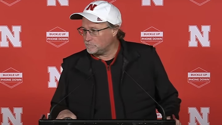 Dana Holgorsen talks with reporters after Nebraska football practice on Tuesday, Nov. 19, 2024, ahead of the Huskers' game against Wisconsin.