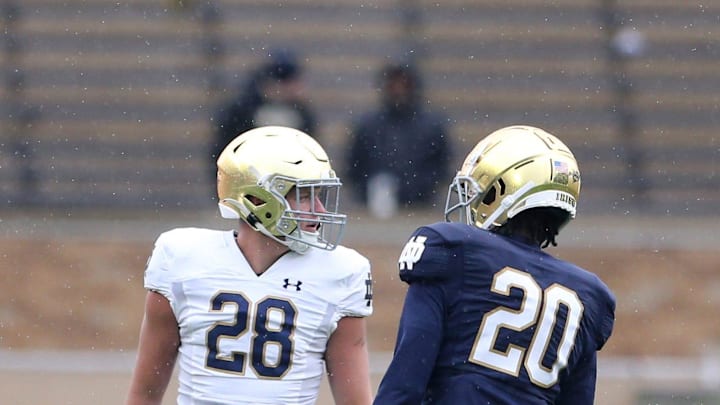 Notre Dame wide receiver Griffon Eifert and cornerback Benjamin Morrison (20) during the Notre Dame Blue-Gold Spring Football game