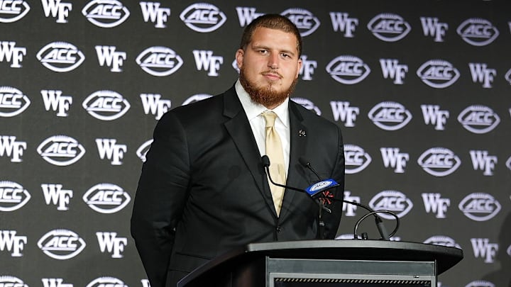 Jul 23, 2025; Charlotte, NC, USA; Wake Forest offensive lineman Devin Kylany answers questions from the media during ACC Media days at Hilton Charlotte Uptown. Mandatory Credit: Jim Dedmon-Imagn Images