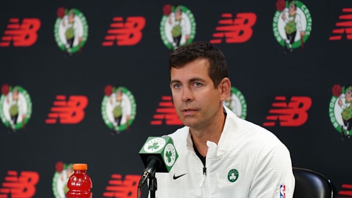 Sep 24, 2024; Boston, MA, USA;  Boston Celtics general manager Brad Stevens talks to reporters during media day at Auerbach Center. Mandatory Credit: David Butler II-Imagn Images