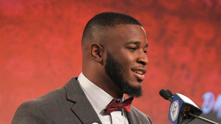 NC State linebacker Isaiah Moore speaks during the ACC Football Kickoff in Charlotte, N.C. Wednesday, July 20, 2022.ACC Football Kickoff In Charlotte