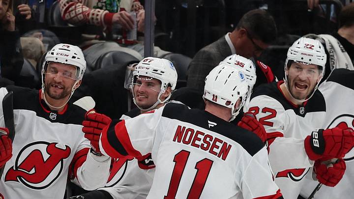 The New Jersey Devils celebrate a goal by right wing Stefan Noesen (11) during the third period of the game against the Utah Mammoth at Delta Center. Mandatory Credit: Rob Gray-Imagn Images The New Jersey Devils celebrate a goal by right wing Stefan Noesen (11) during the third period of the game against the Utah Mammoth at Delta Center. Mandatory Credit: Rob Gray-Imagn Images