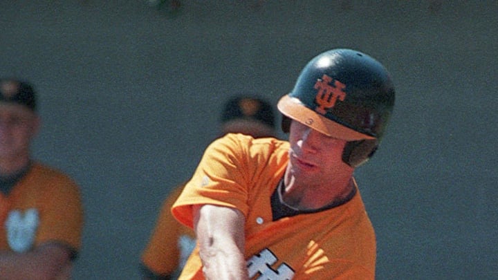 May 21, 1995, Knoxville, TN, USA; University of Tennessee first baseman Todd Helton rips a pitch; Mandatory credit: Byron Small-USA TODAY NETOWRK