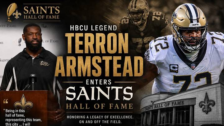 Terron Armstead enter the Saints Hall of Fame with former teammate Mark Ingram II. Terron Armstead enter the Saints Hall of Fame with former teammate Mark Ingram II.