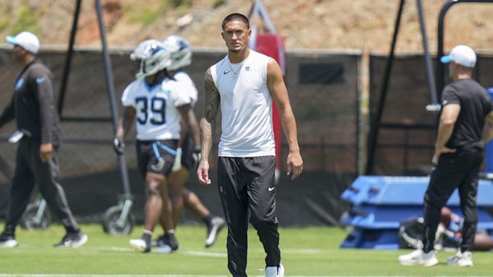 Jun 11, 2025; Charlotte, NC, USA; Carolina Panthers wide receiver Tetairoa McMillan (4) during minicamp at Bank of America Stadium.