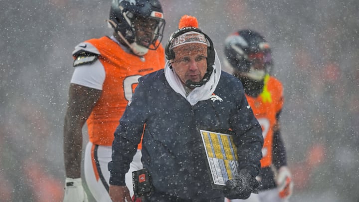DENVER, CO - JANUARY 25: Denver Broncos head coach Sean Payton walks on the field after a fourth quarter timeout in the AFC Championship Game against the New England Patriots at Empower Field at Mile High on January 25, 2026 in Denver, Colorado. (