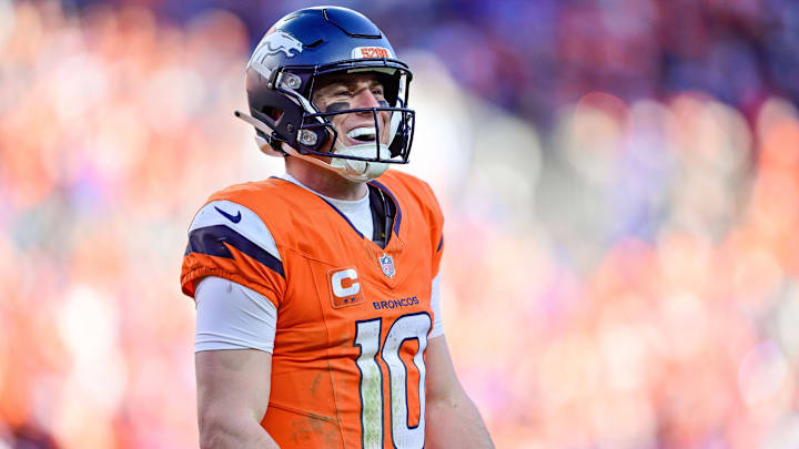 DENVER, CO - JANUARY 17: Denver Broncos quarterback Bo Nix (10) reacts after a play in the second quarter against the Buffalo Bills in the AFC Divisional Round game at Empower Field at Mile High on January 17, 2026 in Denver, Colorado. 