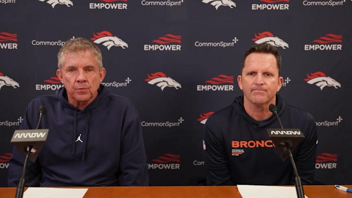Denver Broncos head coach Sean Payton and general manager George Paton host their pre-draft press conference on April 16, 2026. 