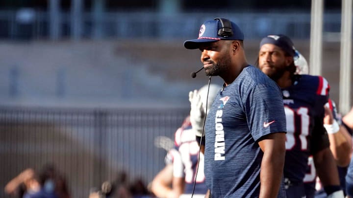 New England Patriots coach Jerod Mayo watching his team from the sidelines in the fourth quarter Sunday against the Dolphins.