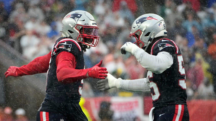 Matthew Judon and Josh Uche celebrate a first quarter sack against the Eagles. Matthew Judon and Josh Uche celebrate a first quarter sack against the Eagles.