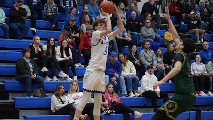 Jacob Webber shoots a three-pointer against Omaha Bryan at Kearney High School in February 2024. Jacob Webber shoots a three-pointer against Omaha Bryan at Kearney High School in February 2024.