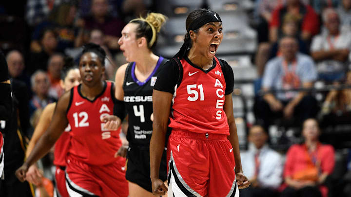 Las Vegas Aces guard Sydney Colson (51) reacts during a September 6, 2024 WNBA game.