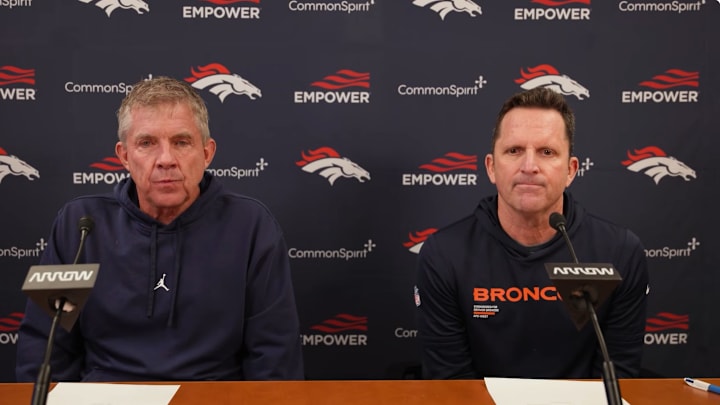 Denver Broncos head coach Sean Payton and general manager George Paton host their pre-draft press conference on April 16, 2026. 
