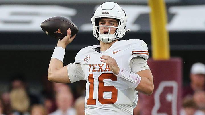 Oct 25, 2025; Starkville, Mississippi, USA; Texas Longhorns quarterback Arch Manning (16) throws a pass during the second quarter against the Mississippi State Bulldogs at Davis Wade Stadium at Scott Field. Mandatory Credit: Petre Thomas-Imagn Images