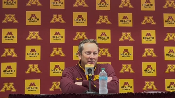 Gophers HC Niko Medved talking to the media after Minnesota's exhibition win over NDSU. Gophers HC Niko Medved talking to the media after Minnesota's exhibition win over NDSU.