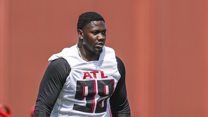 May 10, 2024; Flowery Branch, GA, USA; Atlanta Falcons defensive lineman Ruke Orhorhoro (98) shown on the field during Rookie Minicamp at the Falcons Training Camp. Mandatory Credit: Dale Zanine-USA TODAY Sports