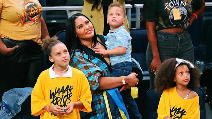 Ayesha Curry, wife of Golden State Warriors guard Stephen Curry (not pictured), with her children after winning game five of the 2022 western conference finals against the Dallas Mavericks at Chase Center.