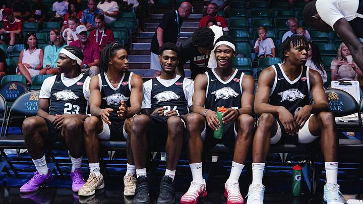 The Arkansas bench looks on against Calgary on Aug. 4, 2026. The Arkansas bench looks on against Calgary on Aug. 4, 2026.