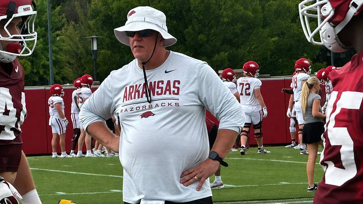 Arkansas Razorbacks defensive coordinator Ron Roberts watches linebacker drills during training camp on Friday, Aug. 7, 2026.