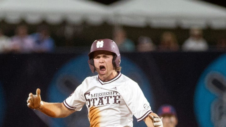 Mississippi State's David Mershon celebrates at second after hitting a double in the eighth inning against Ole Miss at Trustmark park in Pearl, Miss, Wednesday, May 1, 2024.