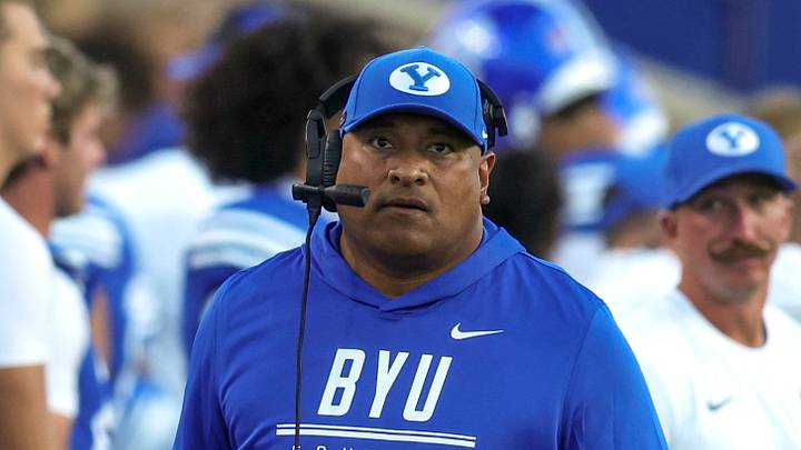 Sep 5, 2026; Provo, Utah, USA;  BYU Cougars head coach Kalani Sitake looks on during the second quarter of a game against the Utah Tech Trailblazers at LaVell Edwards Stadium.  Mandatory Credit: Rob Gray-Imagn Images
