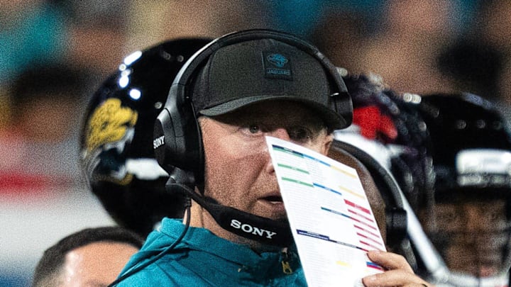 Jacksonville Jaguars head coach Liam Coen calls a play during a Monday Night NFL football game at EverBank Stadium, Monday, Oct. 6, 2025, in Jacksonville, Fla. [Doug EngleFlorida Times-Union]