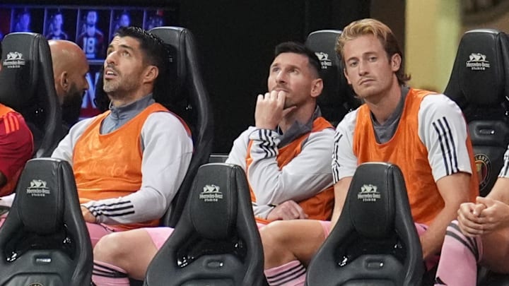 Sep 18, 2024; Atlanta, Georgia, USA; Inter Miami CF forward Lionel Messi (10) looks on from the bench before the match against Atlanta United at Mercedes-Benz Stadium. Mandatory Credit: Dale Zanine-Imagn Images