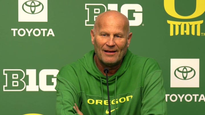 Oregon basketball coach Kelly Graves reacts to the Ducks' bracket in the NCAA Basketball Tournament, placing at Matthew Knight Arena Sunday, March 16, 2025.