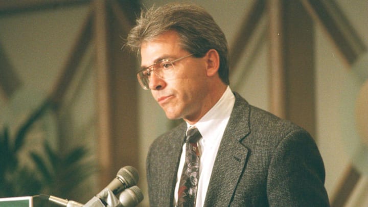 Nick Saban talks at a news conference announcing him as the successor to George Perles as football coach at Michigan State University after the 1994 season.
Saban At Mike2 Nick Saban talks at a news conference announcing him as the successor to George Perles as football coach at Michigan State University after the 1994 season.
Saban At Mike2