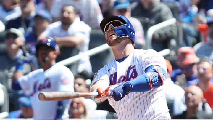 Mets Pete Alonso hits a sacrifice fly against the Diamondbacks during baseball action at Citi Field